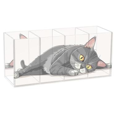 Imagem de TSENQUE Suporte de caneta de acrílico engraçado com gato cinza deitado para mesa, arte, artesanato, porta-lápis, organizador de papelaria, estética e decoração de mesa de escritório