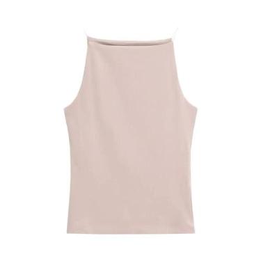 Imagem de Regata feminina halter sem mangas alças finas cor sólida camisola moda