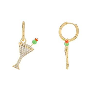 Imagem de Brincos de argola de celebração banhados a ouro 14K - gotas de champanhe com zircônia cúbica e pérolas - berloques de martini cravejados de zircônia cúbica com contas coloridas - lindos abraços de