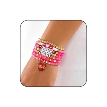 Imagem de WCRAZYE Pulseiras de coração de dia dos namorados para mulheres, feitas à mão, boêmia, multicamadas, coração, empilháveis, amizade, presentes de festa de aniversário, Adjustable, Metal Metal Liga
