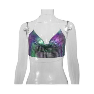 Imagem de Top Cropped Feminino Com Lantejoulas Metálicas Brilhantes, Decote Em V