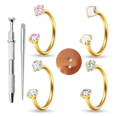 Imagem de HUASAI Anel de nariz em ferradura para mulheres 20G 18G aço titânio argola dupla argola argola prata ouro cartilagem helix tragus brincos pequenos labret lábio piercing joia, Large, Cristal, Sem Pedra