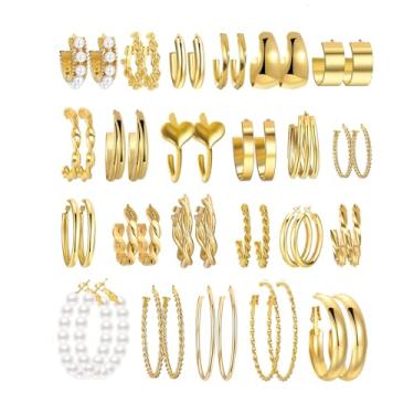 Imagem de Conjunto de 23 pares de brincos de argola de ouro 14 quilates para mulheres, pacote com vários brincos de pérola grossos, hipoalergênicos, modernos, pequenos e grandes