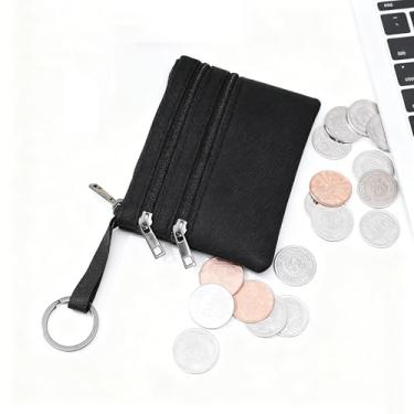 Imagem de Bolsa de moedas de lona com zíper duplo, porta-cartões com chaveiro, para mulheres e homens, E, Tendência