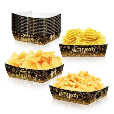 Imagem de Bandejas de papel 2026 Happy NYE Party Supplies 2026 Happy NYE Party Food Barcos descartáveis para servir em preto e dourado, ideal para salgadinhos, nachos, cachorro-quente, pipoca, pacote com 12