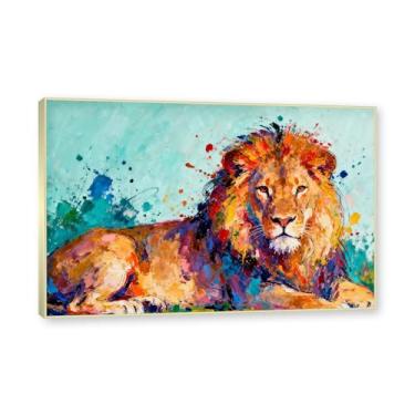 Imagem de NHLDZYH Moldura dourada. Quadro abstrato de leão - arte moderna com salpicos de cor vibrante - arte de parede energética para casa, escritório ou negócios - tela decorativa. A43. 80 x 120 cm.