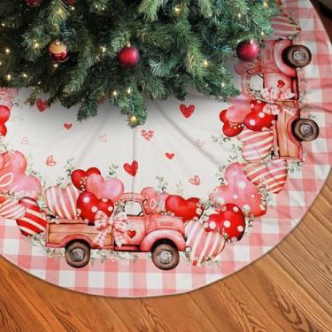 Imagem de Saia para árvore de dia dos namorados, 91 cm, xadrez rosa e coração, ideal para decoração de casa no dia dos namorados, uso interno e externo (xadrez rosa/coração)