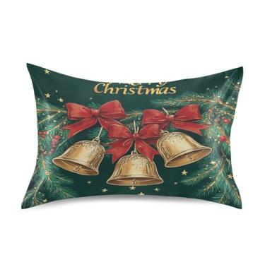 Imagem de SEHANY Fronha de seda verde com sinos de Natal para cabelo e pele, capa de almofada respirável super macia e macia com envelope para casa, quarto, hotel, padrão 50 x 66 cm
