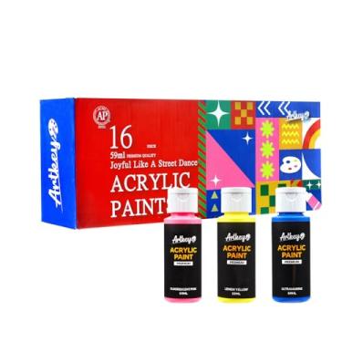 Imagem de Artkey Conjunto de tinta acrílica, 16 cores, kit de tinta acrílica de 59 ml para artistas profissionais e iniciantes – paleta de cores pop art estilo Memphis para tela, madeira, tecido, rocha, couro