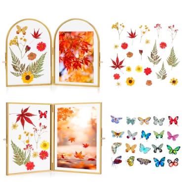Imagem de Himitimi 2 peças de moldura de vidro feita à mão para flores prensadas com flores secas e adesivos de borboleta, moldura dupla articulada de 12 x 18 cm, molduras dobráveis para fotos de mesa para