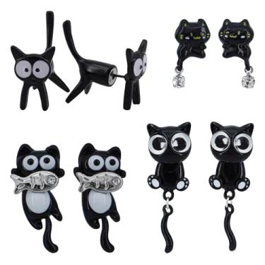 Imagem de 4 pares de brincos fofos de gato preto para mulheres, conjunto de brincos de pata de gato, presente de Natal e Halloween