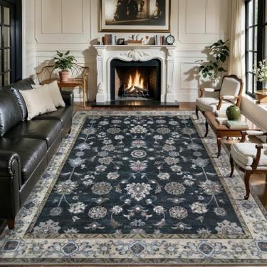 Imagem de Tangsoo Tapetes de área laváveis pretos 20 x 25 cm para sala de estar, tapetes florais vintage antiderrapantes para área grande, tapete estampado macio de pilha baixa, tapete dobrável para quarto