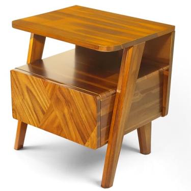 Imagem de RORNS Mesa de cabeceira de madeira de acácia sólida de rum, mesa de cabeceira art déco de meados do século com gaveta e prateleira aberta, mesa de canto de grão de madeira feita à mão, resistente a