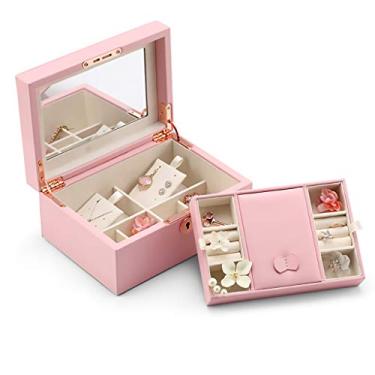 Imagem de Caixa de joias com trava caixa de joias espelho organizador de joias 2 camadas caixa de exibição de joias presente entes queridos suporte de anel de armazenamento (cor: rosa)