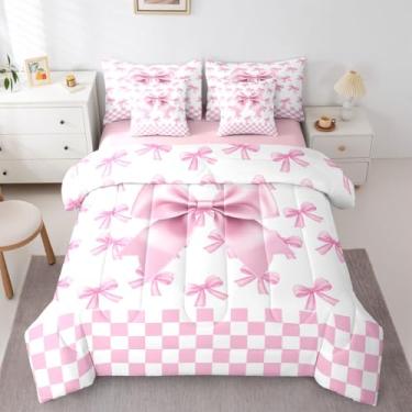 Imagem de Feelyou Conjunto de cama de 7 peças com laço de seda rosa e edredom xadrez rosa com lençol para crianças, meninos, meninas, fofo, cama de laço, doce e romântico, macio e leve