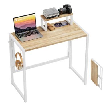 Imagem de GreenForest Mesa dobrável com suporte para monitor, mesa de trabalho dobrável de 81,5 cm com gancho e armazenamento, mesa de trabalho pequena resistente para escrita, para dormitório de escritório em