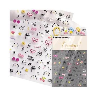 Imagem de Adesivos De Unha 5D Retrô Preto E Branco Com Laço De Renda E Urso Fofo