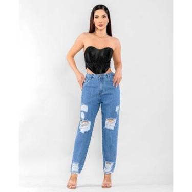 Imagem de CALÇA JEANS FEMININA CINTURA ALTA MOM RASGADA NA PERNA-Feminino