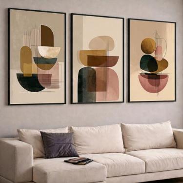 Imagem de Quadros com Moldura e Acrilico Cristal Vidro  Abstrato Linhas Bege Kit