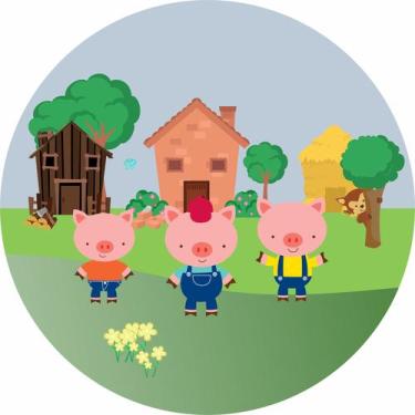 Imagem de Painel de Tecido Sublimado Redondo Três Porquinhos e o Lobo Mal Trio d