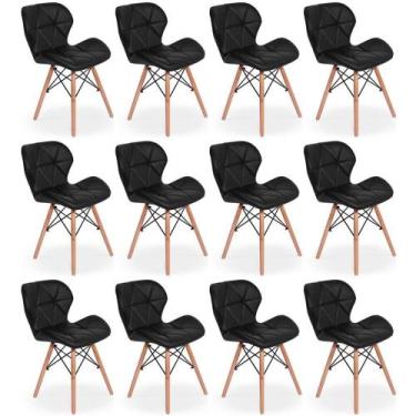 Imagem de Kit 12 Cadeiras De Jantar Charles Eames Slim Wood Estofada - Preto - M