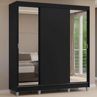 Imagem de Guarda Roupa Casal Reno 3 Portas de Correr 4 Gavetas MDP com Espelhos Preto