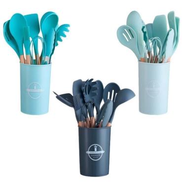 Imagem de Kit de Utensílios de Cozinha Kit 12 Peças Verde para Cozinhar em Silicone e Madeira Res...