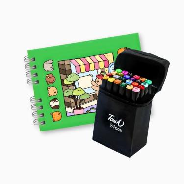 Imagem de Kit Livro de Colorir Outras Marcas Capa Dura com Laminação Holográfica e 24 Canetinhas Ponta Dupla Verde