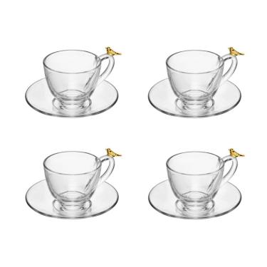 Imagem de Cj 4 Xícaras P/Café C/Pires de Cristal Transparente Golden Bird 80ml Wolff
