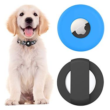 Imagem de URSOQ Pacote com 2 capas protetoras de silicone para Airtags, acessórios de coleira de gato para cães, capa de suporte para alça de animal de estimação compatível com AirTag 2021, macia e leve anti-queda - (preto + azul)