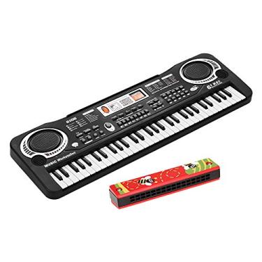 Imagem de yeacher Teclado Piano Digital Eletrônico de 61 Teclas com Alto-falantes Duplos Microfone USB/Bateria Alimentado + Tremolo Harmônica 16 Furos Instrumento Musical Infantil Brinquedo Educativo Capa de Madeira Colorido Livre Reed Wind