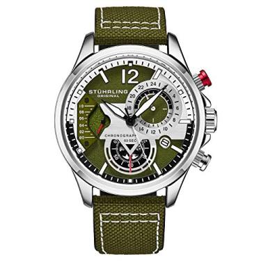 Imagem de Stuhrling Relógio masculino original – Relógio aviador com pulseira de couro para homens com data 24 horas e submostrador cronógrafo esportivo, Verde, Bandido