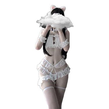 Imagem de Temptshow Fantasia feminina anime cosplay sexy envoltório peito gato menina mostrar cintura lingerie tamanho único, Branco, One Size