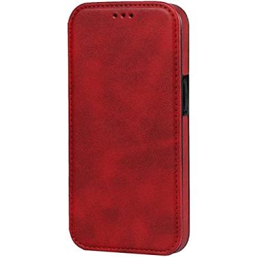 Imagem de HOUCY Capa carteira para iPhone 13/13 Mini/13 Pro/13 Pro Max, capa carteira flip de luxo com suporte de cartão, com suporte de cartão magnético (cor: vermelho, tamanho: 13 Mini 5,4 polegadas)