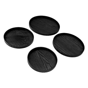 Imagem de Bandeja de Servir de Madeira, Prato de Frutas de Madeira Multifuncional à Prova de Derramamento 4 Peças Redonda Resistente a Deslizamentos Seguro para Nozes para Hotéis (Preto)