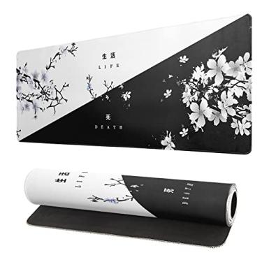 Imagem de Mouse pad japonês preto e branco flor de cerejeira Sakura Death Life Flower Mat 80 x 29 cm textura base de borracha antiderrapante Mousepad bordas costuradas teclado teclado pad para escritório e jogos