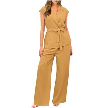 Imagem de Conjunto feminino de 2 peças de blusa e calça blazer para mulheres, conjunto de 2 peças com pernas largas 2024, I-880 amarelo mostarda, G