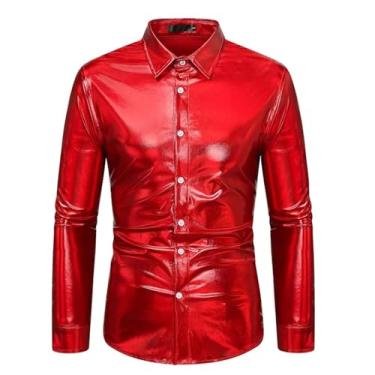 Imagem de Camisa masculina de festa discoteca dos anos 70 com botões metálicos brilhantes camisa masculina para discoteca cantora de palco, Vermelho, G