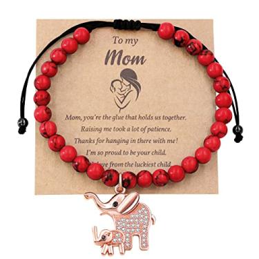 Imagem de Pulseira de ágata fosca com contas de ônix/turquesa, pulseira de elefante Good Luck Mom e bebê, To My Mom, presente para o dia das mães da filha, Pedra, Zircônia cúbica