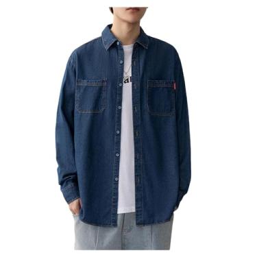 Imagem de Camisa jeans masculina, manga comprida, caimento solto, cor lisa, gola aberta, bolsos frontais, Azul-escuro, XXG
