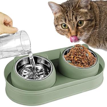 Imagem de KEVIDEAWL Tigelas elevadas para comida de gato, tigela elevada para gatos com suporte de aço inoxidável, tigelas inclinadas para gatos antivômito, conjunto duplo de comida para gatos e tigela de água para gatos (verde)