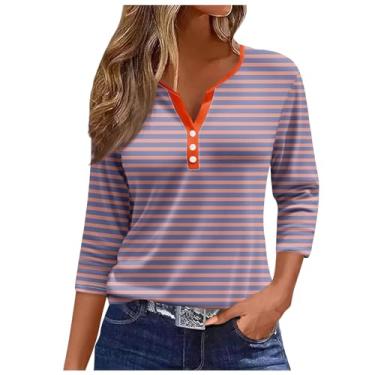 Imagem de Camisetas femininas de verão 2024 manga 3/4 de comprimento com botões e gola Henley de verão camisetas com estampa floral, Ofertas flash laranja, M