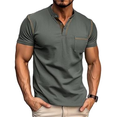 Imagem de CHUUMEE Camiseta masculina Henley manga curta casual leve slim fit botão básico com bolso, Cinza escuro, GG