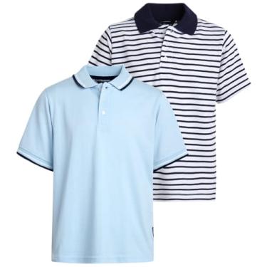 Imagem de Ben Sherman Camisa polo para meninos – Pacote com 2 unidades, modelagem clássica, manga curta, piquê, camisa de golfe elástica confortável para meninos (8-18), Listras azul-claro/azul-marinho, 8