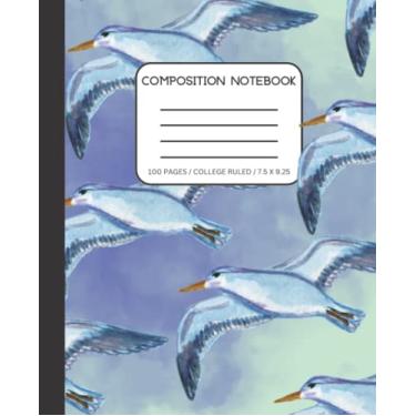 Imagem de Caderno de composição: Gaivotas verdes e azuis pautadas na faculdade com nuvens | Diário de estética fofo de meninas, adolescentes, mulheres