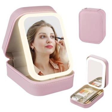 Imagem de TIGARI Bolsa de maquiagem de viagem com espelho de LED, estojo de maquiagem com espelho iluminado, caixa de armazenamento de espelho de maquiagem ajustável de três cores, estojo organizador portátil