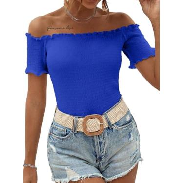 Imagem de LilyCoco Camisetas femininas com ombros de fora, manga curta, acabamento de alface, camiseta justa de verão, Acabamento de alface azul, M
