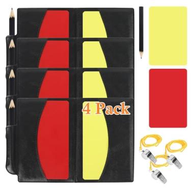 Imagem de Pacote com 4 cartas de árbitro de futebol, cartas de aviso vermelhas e amarelas com apito de metal, papel de disco, lápis, carteira de armazenamento de cartões, kit de árbitro de futebol para partidas