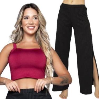 Imagem de Conjunto Cropped Alça Grossa e Calça Flare Pantalona Bella Fiore Top Calça Boca de Sino-Feminino