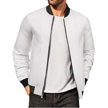 Imagem de COOFANDY Jaqueta bomber masculina leve, casual, primavera, outono, jaqueta universitária com zíper, Branco, P